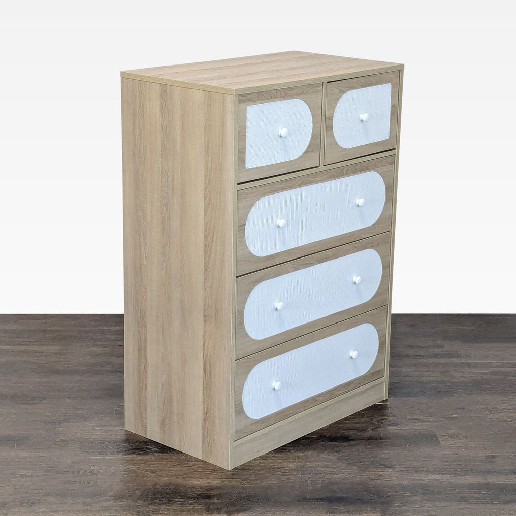 5-Drawer Light Wood Dresser with White Woven Accents
