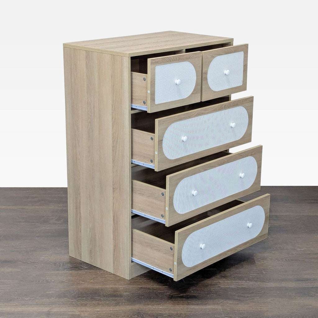 Modern dresser with light wood finish, unique white woven accents on drawers, and ample storage for essentials.