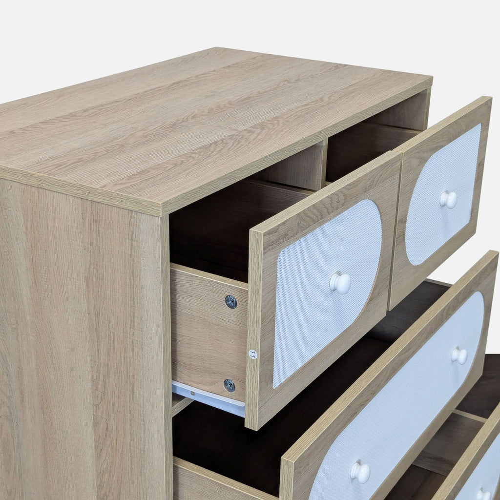 5-Drawer Light Wood Dresser with White Woven Accents