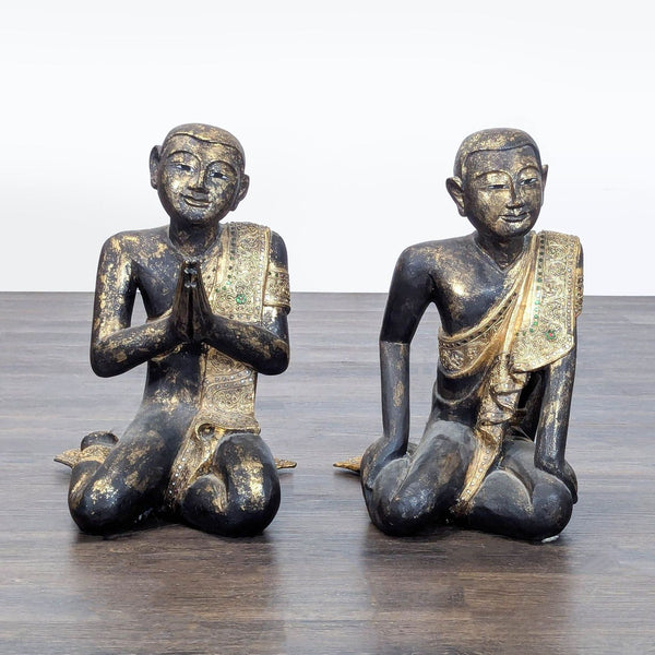 Pair of Thai Carved Teak Gilt Buddhist Monk Figures