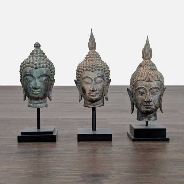 Set of 3 Thai-Style Buddha Heads on Stands