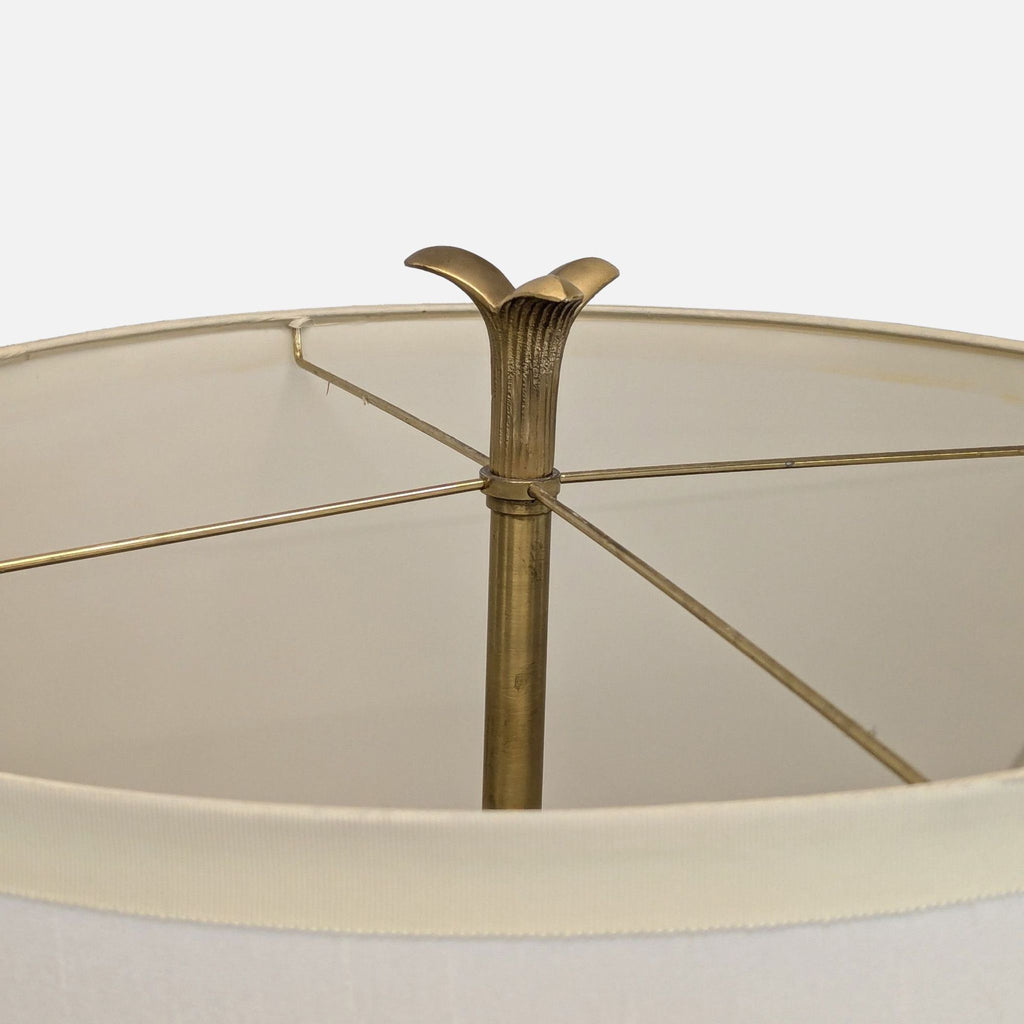 Classic lighting piece: brass stem, marble base, white shade, and easy pull chain for home use.