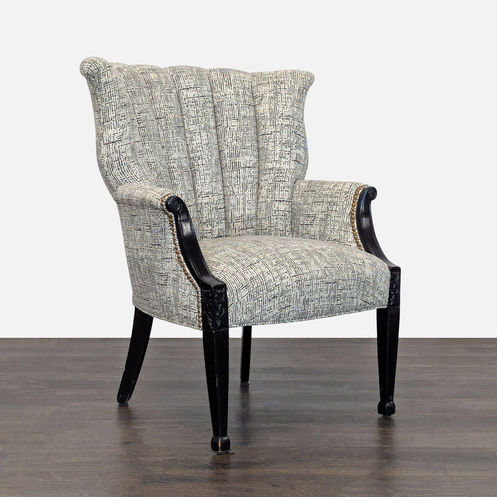 Elegant lounge chair with a comfortable seat, decorative backrest, and detailed black wood accents.