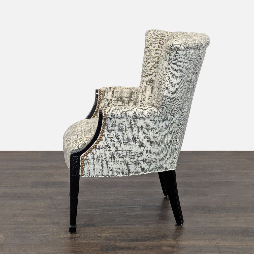 Classic Upholstered Wingback Lounge Chair with Carved Wood Arms and Legs