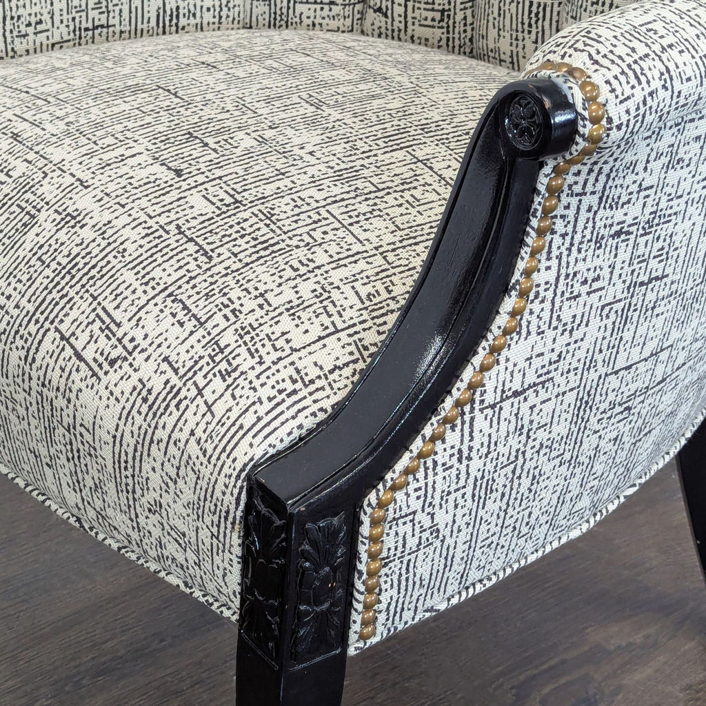 Classic Upholstered Wingback Lounge Chair with Carved Wood Arms and Legs