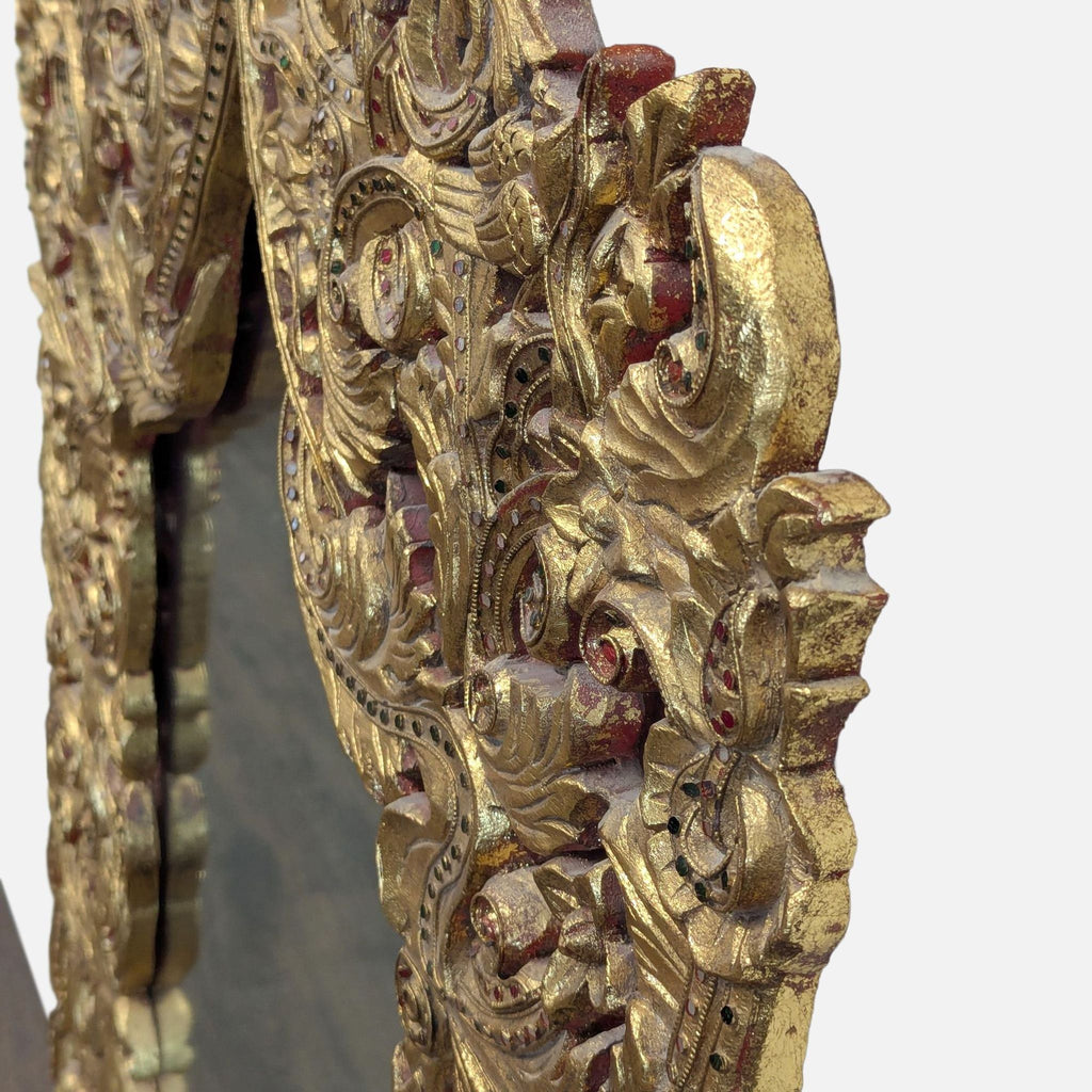 Teak mirror with intricate carvings and gold gilding, crafted in 2005 in Baan Tawai, Thailand's famous artisan village.