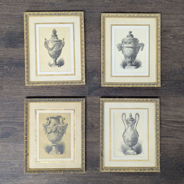 Set of four framed vintage urn prints by The Bombay Company with gold accents, ready to hang.