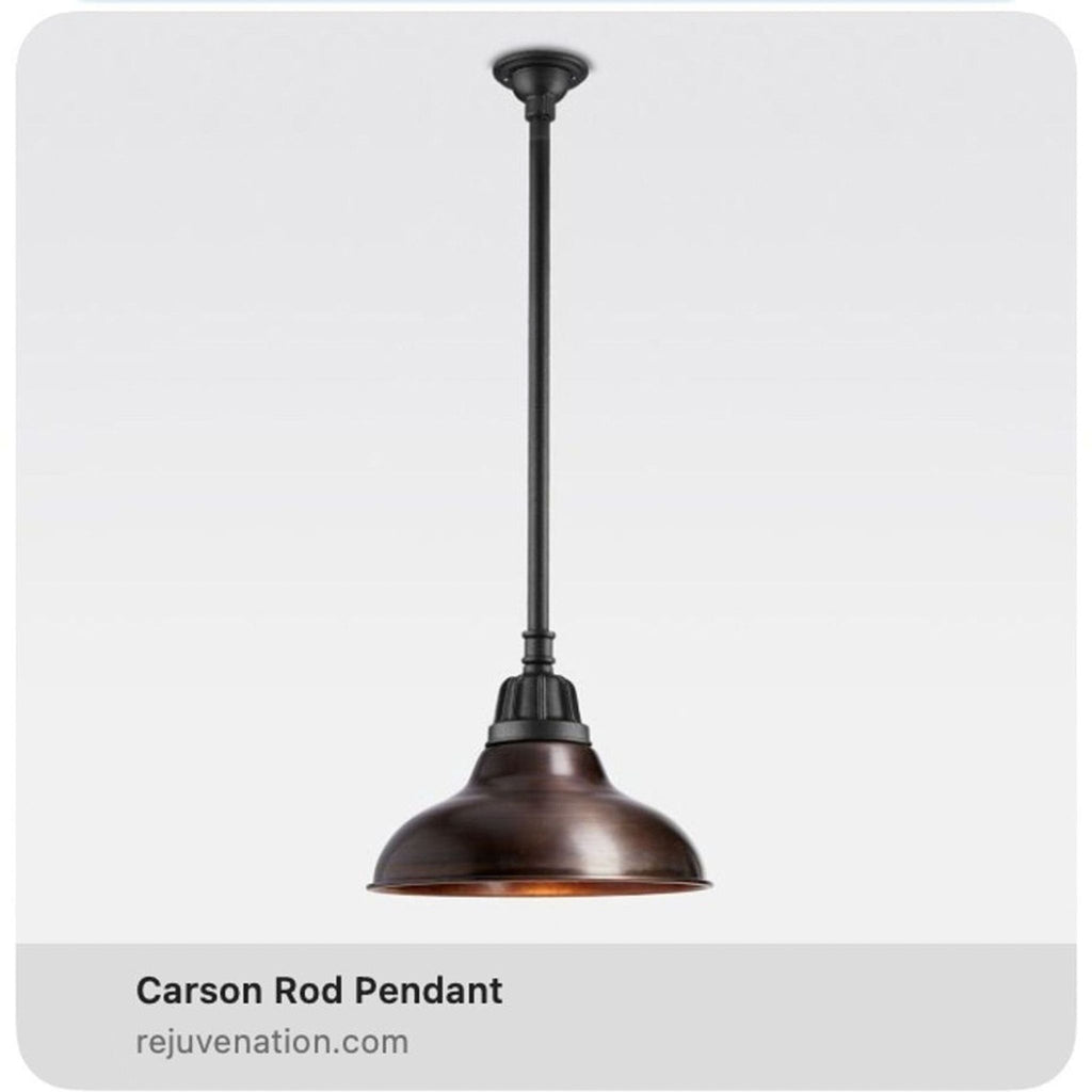 Pair of copper Rejuvenation pendant lights, 16" wide Carson Rod design, perfect for modern lighting.