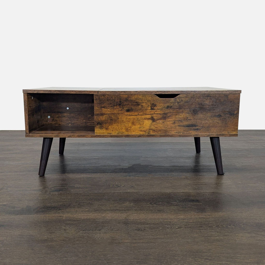 Edx Coffee Table with MDF top, metal legs, extra shelf, and lift-top hidden compartment.  