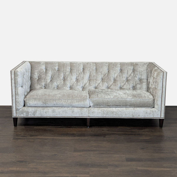 Lexington 3-seat sofa with tufted silver velvet and sturdy wood legs, perfect for stylish living rooms.  