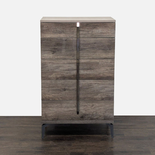 Modern ALF Italia dresser with a wood finish, metal legs, and six roomy drawers for bedroom storage.  