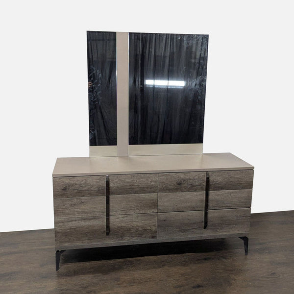 Modern ALF Italia dresser with six drawers, a large mirror, and sleek wood finish for stylish bedroom storage.