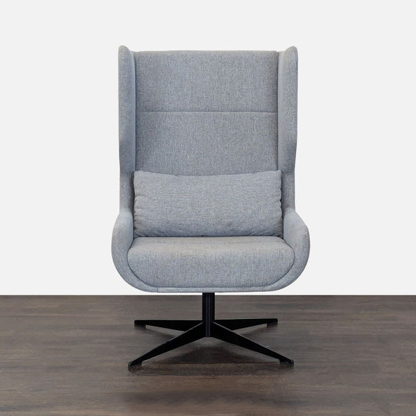 Modern NaughtOne lounge chair with high-back, armrests, and headrest in light gray fabric on a black swivel base.  