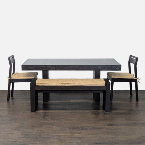 Dining table set with two chairs and a bench from west elm. Some wear on cushions.
