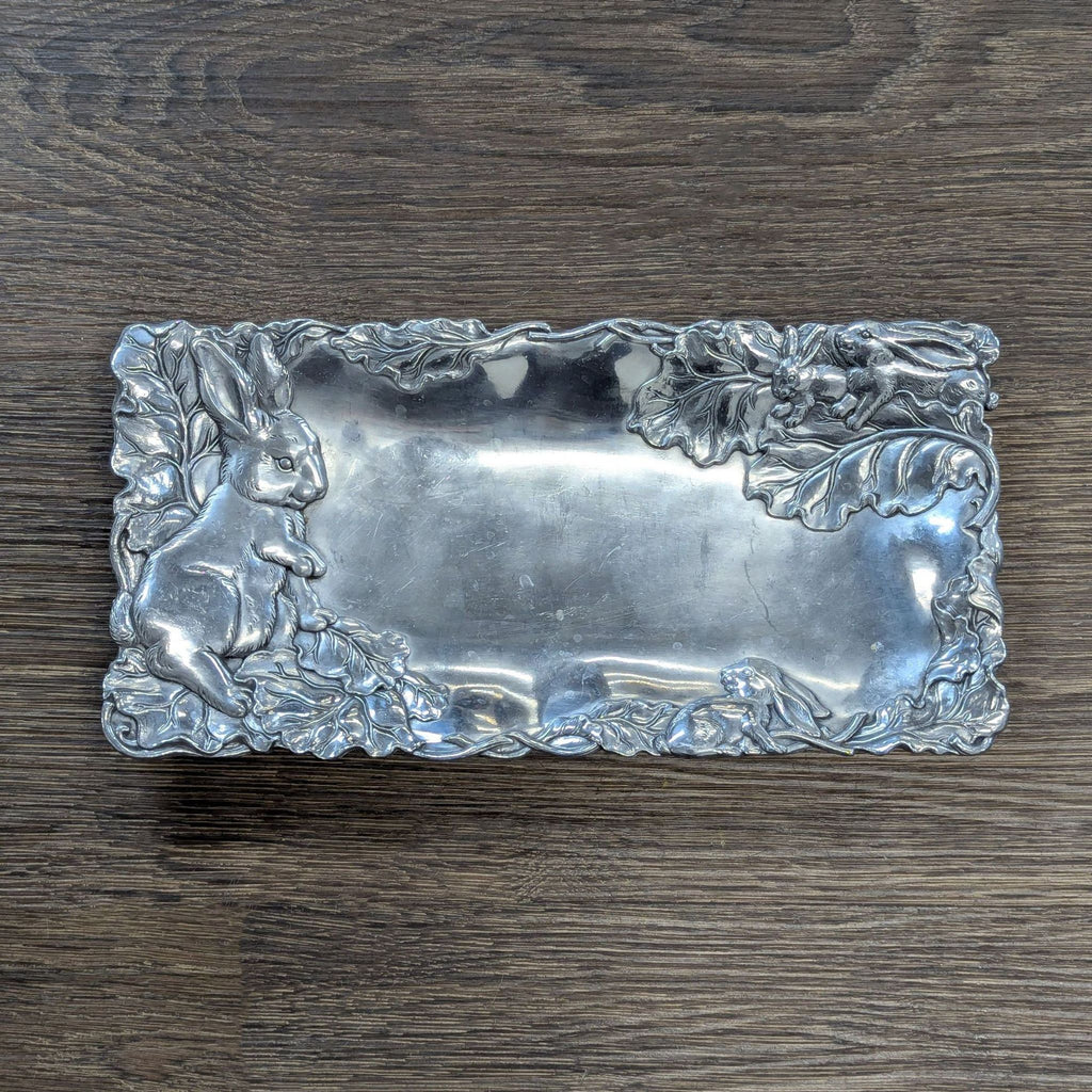 Arthur Court aluminum serving tray with bunny and foliage, dated 1998, ideal for snacks or decor.