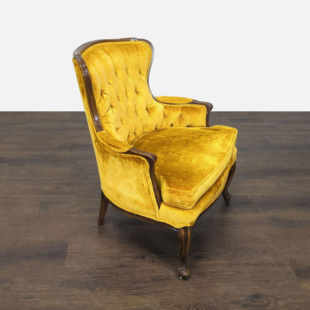 Yellow velvet Sam Moore chair with classic tufted back, plush seating, and wooden details, perfect for stylish lounges.  