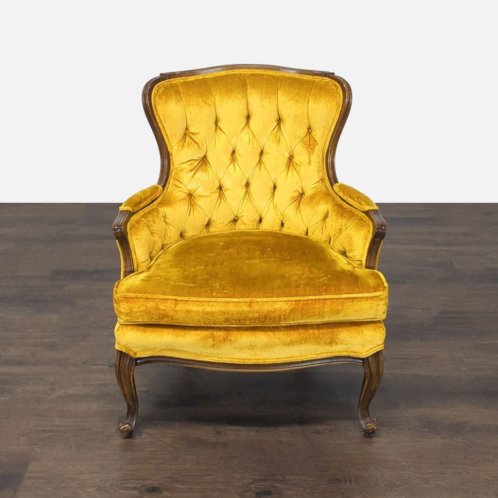 Sam Moore lounge chair in soft yellow velvet with tufted back, plush seat, and wood accents, vintage-inspired design.  
