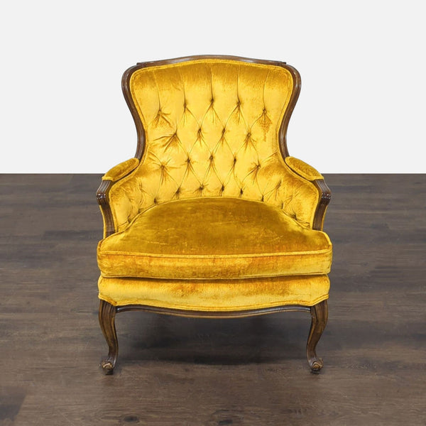 Sam Moore lounge chair in soft yellow velvet with tufted back, plush seat, and wood accents, vintage-inspired design.  