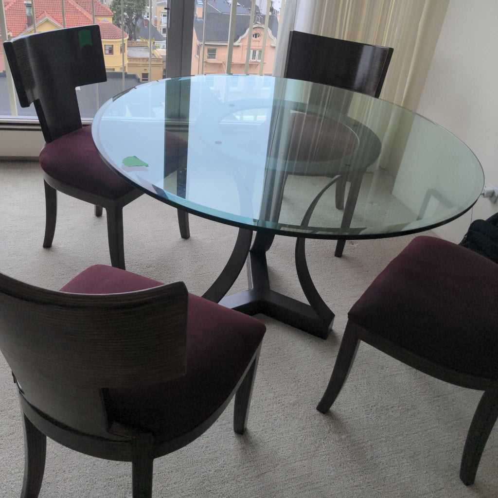 1. Modern dining set with a rectangular wooden table and six cushioned chairs.  