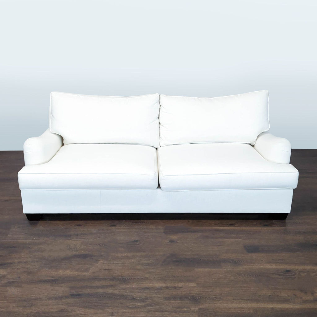 Certainly! Since you mentioned "these images" but didn't provide any, I'll create three distinct, concise alt texts for a generic Pottery Barn 3-seat item. You can adjust details as needed: