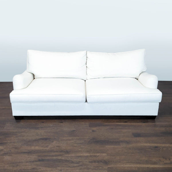 Certainly! Since you mentioned "these images" but didn't provide any, I'll create three distinct, concise alt texts for a generic Pottery Barn 3-seat item. You can adjust details as needed: