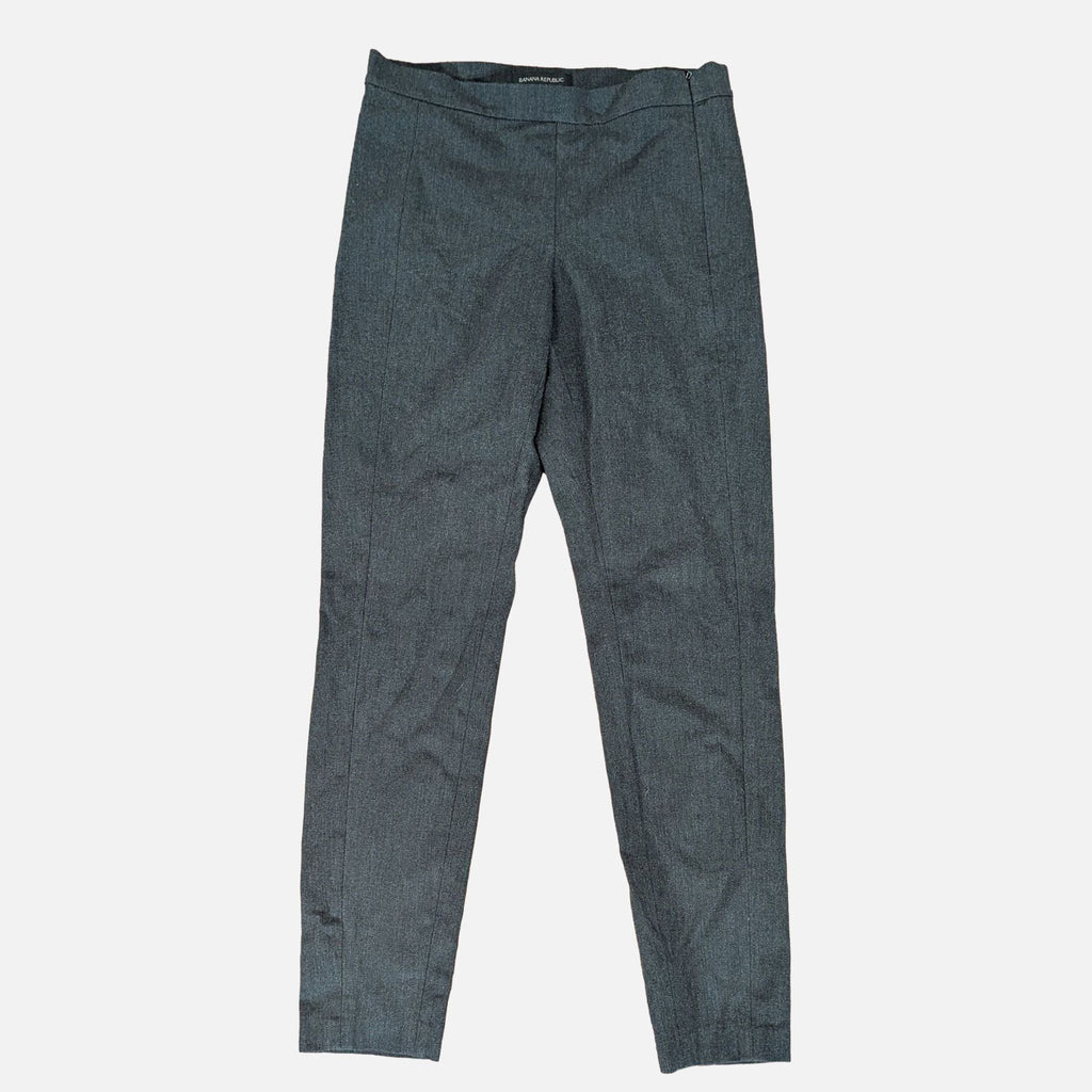 Full view of women's Banana Republic slim-fit dark gray dress pants laid flat on a white background.