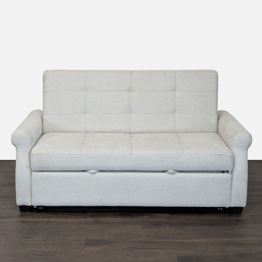 Modern Lifestyle Solutions sleeper sofa with tufted design, padded armrests; converts easily from couch to bed.