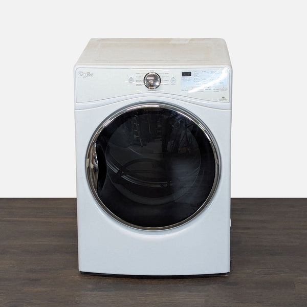 Whirlpool front load dryer with large capacity, white finish, and user-friendly controls for easy laundry.
