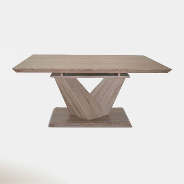 Rectangular washed oak veneer dining table by Hoft Home, seating 6-8 with a butterfly extension.