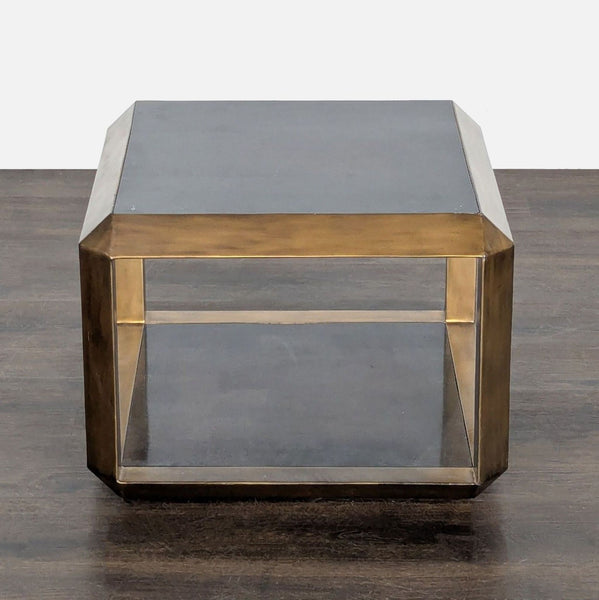 Fossil stone coffee table with brass frame and matching lower shelf.  