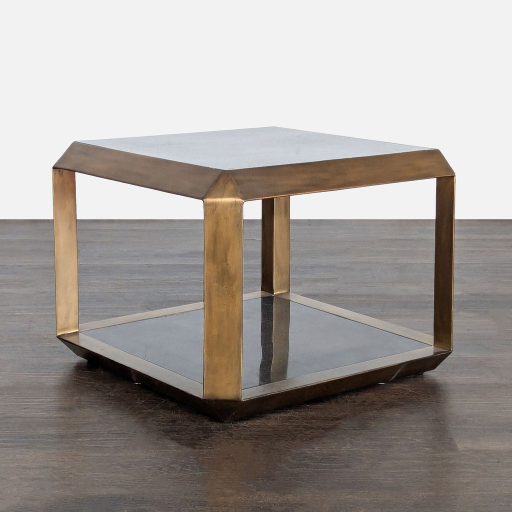 Rectangular coffee table features fossilized stone surfaces and aged brass supports.  