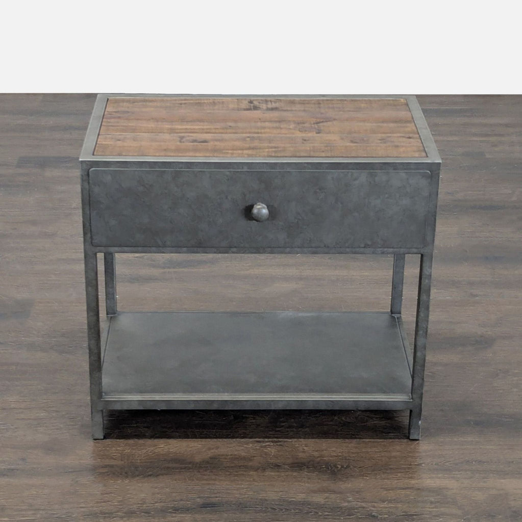 1. Pottery Barn end table with metal frame, wooden top, drawer, and lower shelf, shown front facing.