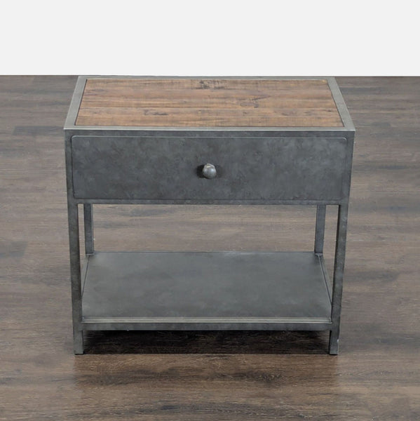 1. Pottery Barn end table with metal frame, wooden top, drawer, and lower shelf, shown front facing.