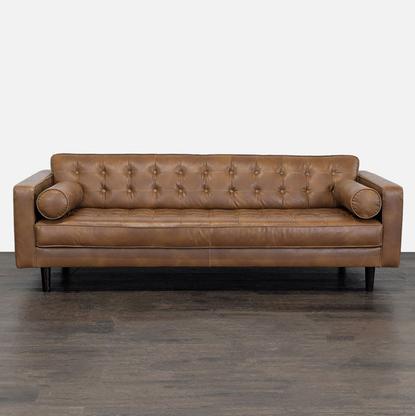 HD Buttercup 3-Seat Brown Leather Sofa with Tufted Back and Bolster Pillows