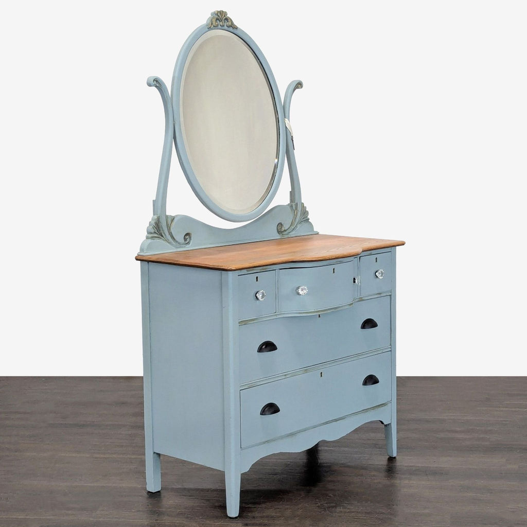 Antique Painted Oak Bow-Front Dresser with Oval Mirror & Skeleton Key - Accepted Offer (24.24% discount)