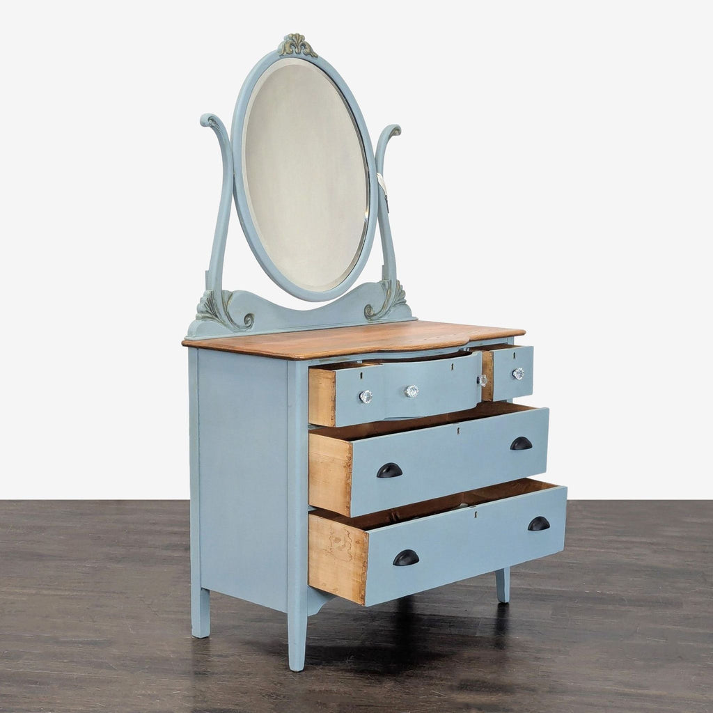 Antique Painted Oak Bow-Front Dresser with Oval Mirror & Skeleton Key - Accepted Offer (24.24% discount)