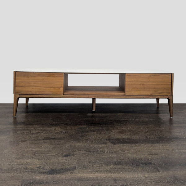Raymour & Flanigan entertainment center with white ceramic-veined top, two drawers, and open center shelf.  