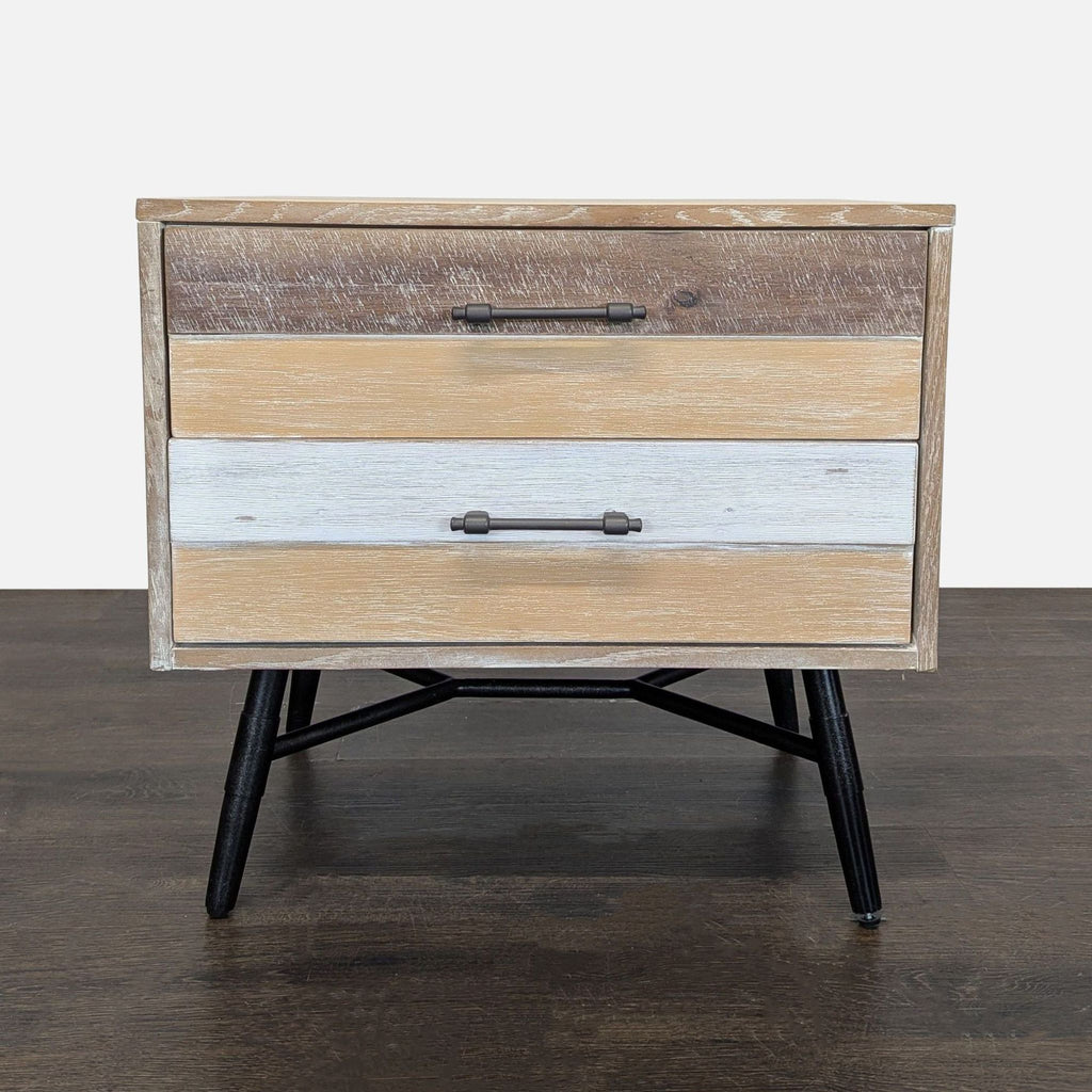 Rustic-industrial nightstand by Coaster with two felt-lined drawers, natural wood finish, and black metal legs.  