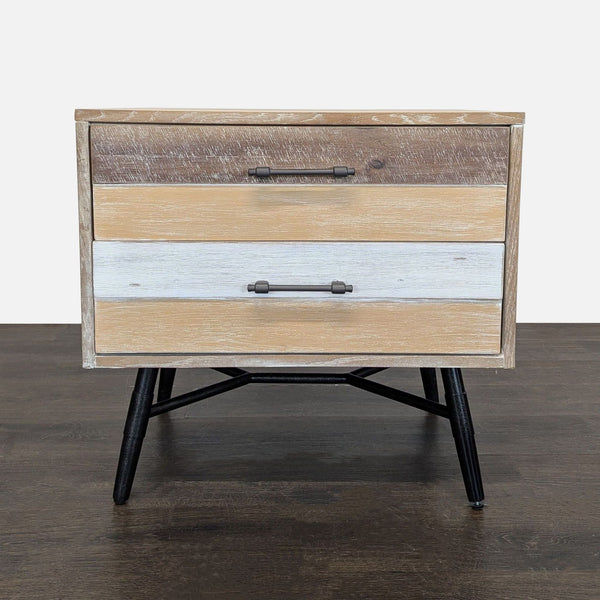 Rustic-industrial nightstand by Coaster with two felt-lined drawers, natural wood finish, and black metal legs.  