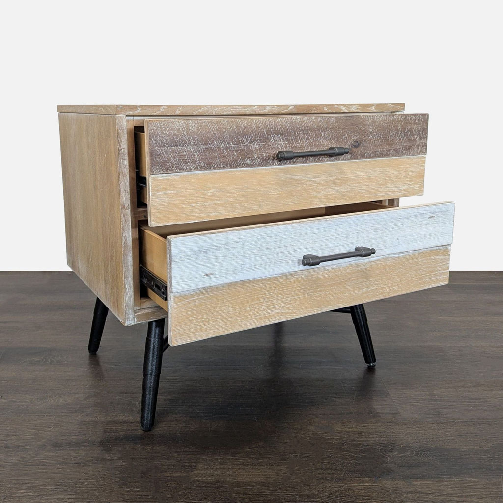 Coaster end table features acacia wood, rough sawn finish, brown felt drawers, and a top drawer with cable access.  