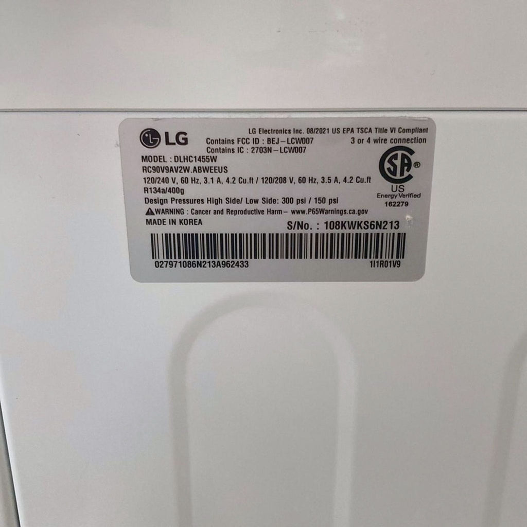 1. Close-up of an LG washer/dryer model and serial label on a white appliance.