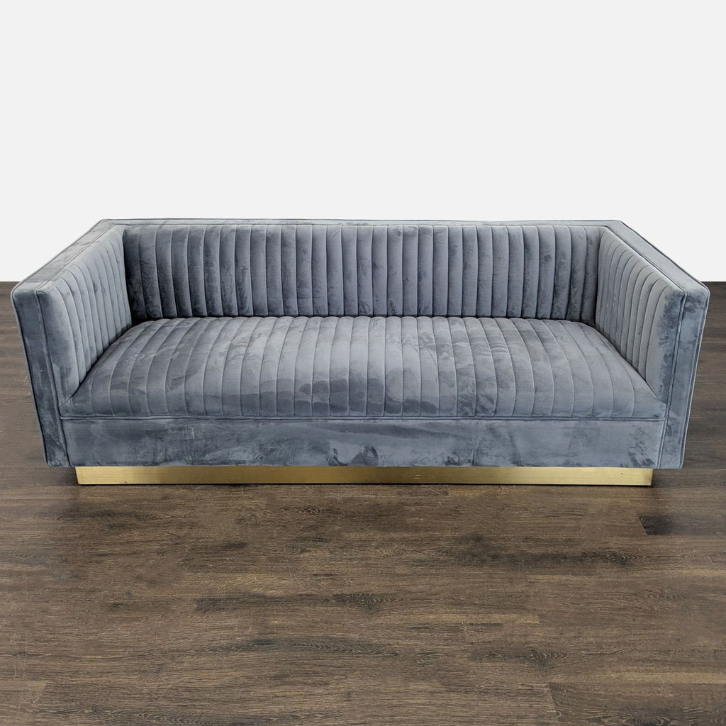 Modway 3-seat gray velvet sofa with vertical channel tufting and a gold base for a modern, elegant touch.