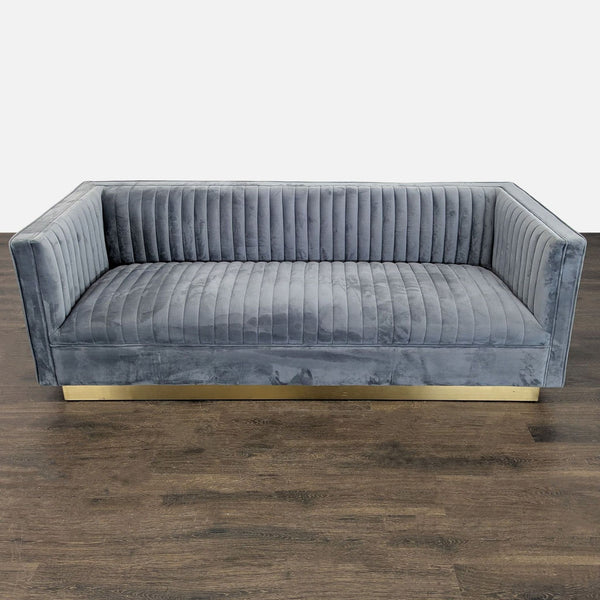 Modway 3-seat gray velvet sofa with vertical channel tufting and a gold base for a modern, elegant touch.