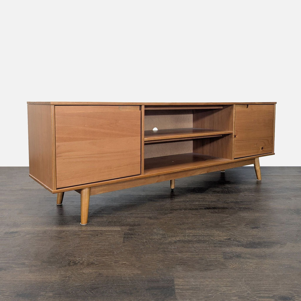 Sleek wood-finished console featuring two closed cabinets, four open shelves, and back hole for cable organization.