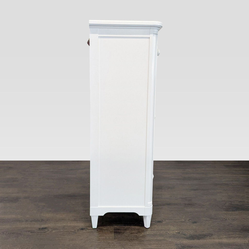Stanley Furniture dresser, clean white finish, five drawers, stylish and functional bedroom piece.