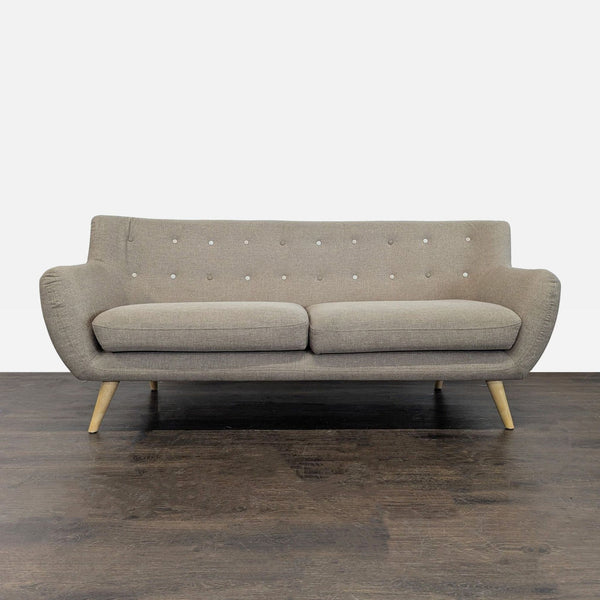 Beige Modway loveseat with mid-century modern tufted back, curved armrests, and angled wooden legs.