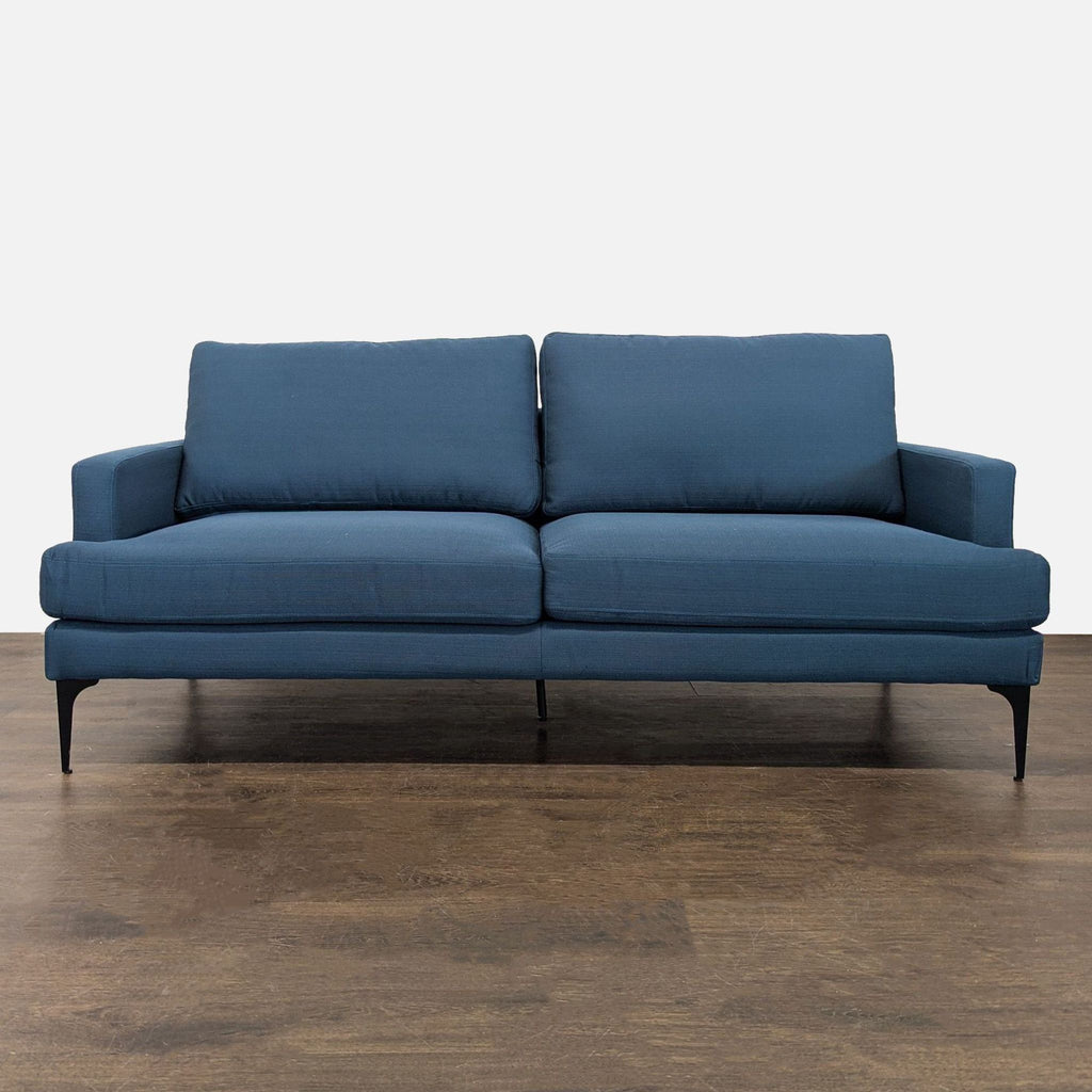 Modway blue loveseat with slim black metal legs and cushioned seats in a modern, compact design.