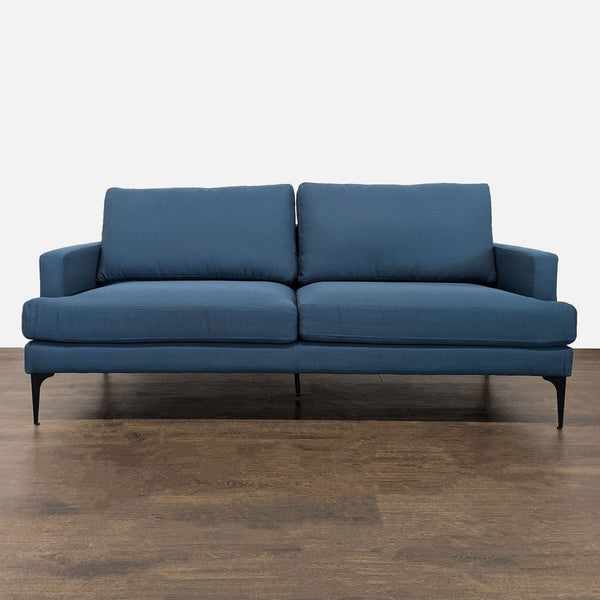 Modway blue loveseat with slim black metal legs and cushioned seats in a modern, compact design.