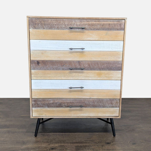 Rustic modern five-drawer dresser with multitone fronts and black legs by Coaster Furniture, bar pull handles.  