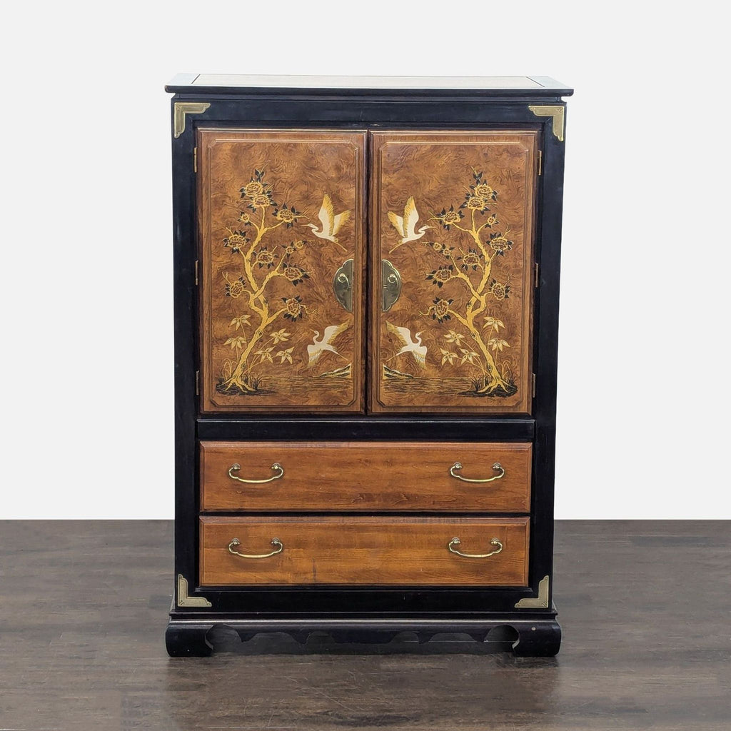 Cabinet with two drawers and two doors, decorated with inlaid cranes, flowers, and brass accents.  